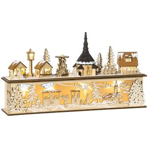 Imagine HOMCOM Decorațiune de Crăciun, sat de Crăciun, 10 LED-uri, lumină alb-cald, 45 x 10 x 25 cm, decor din lemn | Aosom Romania