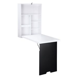 Imagine HOMCOM Birou de perete, blat pliabil, 5 rafturi, 60x94, 5x147cm, Negru/Alb | Aosom Romania