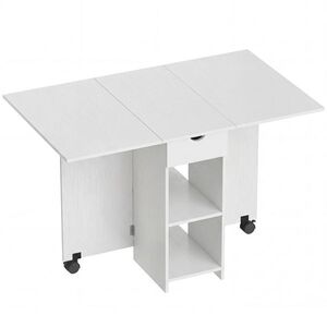 Imagine HOMCOM Masă de bucătărie pliantă cu roți Aripi rabatabile Sertar și rafturi pentru 2-4 persoane 120x72x75 cm Alb | Aosom Romania