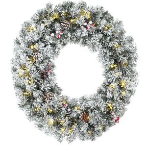 Imagine HOMCOM Ghirlandă de Crăciun înzăpezită de 60 cm cu LED-uri, fundă tartan, ramuri, conuri, boabe, Verde | Aosom Romania