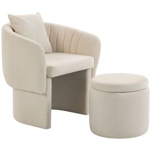 Imagine HOMCOM Fotoliu relax cu taburet, fotoliu lounge cu spătar curbat, cotiere, capitonat chenille nordic, bej | Aosom Romania