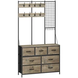 Imagine HOMCOM Cuier 4 în 1, Mobilier pentru hol cu 7 sertare pliabile din material textil, 14 cârlige şi panou grilaj, Gri cu efect de lemn | Aosom Romania