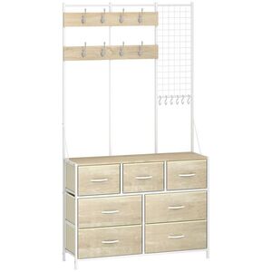 Imagine HOMCOM Cuier 4-în-1, Mobilier de Intrare cu 7 Sertare Pliabile din Material Textil, 14 Cârlige și Panou Grilaj, Stejar | Aosom Romania