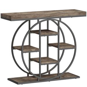 Imagine HOMCOM Masă consolă industrială cu rafturi și cadru circular din oțel, 100 x 30 x 81, 5 cm, maro rustic | Aosom Romania