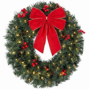 Imagine HOMCOM Coroniță de Crăciun de 60 cm cu Lumini LED, Conuri de Brad și Bobițe, Verde | Aosom Romania