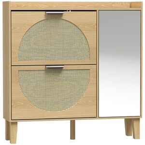 Imagine HOMCOM Pantofar Îngust Boem cu Oglindă 2 Uși din Ratan Dulap 10 Perechi Rafturi Reglabile 94, 5x24x96, 5 cm Stejar | Aosom Romania