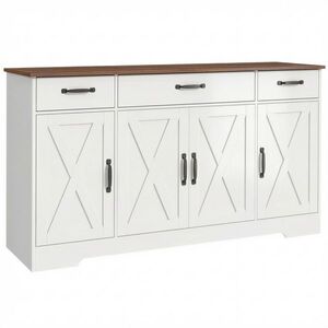 Imagine HOMCOM Bufet, mobilier de depozitare pentru bucătărie în stil rustic cu 4 uși tip hambar, 3 sertare, etajere reglabile, alb | Aosom Romania