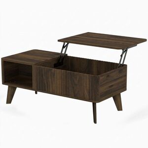 Imagine HOMCOM Masă de Cafea Rabatabilă cu Compartiment Ascuns Rafturi Deschise Față Frontală Ondulată 100x48x41-56 cm Nuc | Aosom Romania