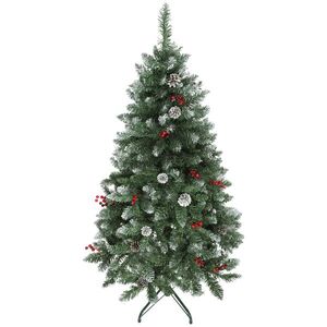 Imagine HOMCOM Brad de Crăciun Înnzăpezit Înalt de 150 cm cu 398 Ramuri, Brad Artificial de Interior cu Conuri și Boabe Roșii Decorative, Bază Metalică, Verde | Aosom Romania