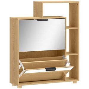 Imagine HOMCOM Dulap pentru pantofi 10 perechi, dulap pantofi, uși cu oglindă, 2 sertare și compartimente deschise, Stejar | Aosom Romania