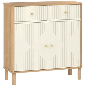 Imagine HOMCOM Bufet, corp de depozitare canelat cu blat cu aspect de stejar, 2 sertare, 2 uși, poliță reglabilă, 77x30x80cm, crem | Aosom Romania