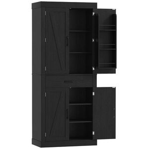 Imagine HOMCOM Dulap cămară de bucătărie în stil country, cu 2 dulapuri, 6 rafturi și sertar, din lemn, 76 x 39, 5 x 183, 5 cm, negru | Aosom Romania