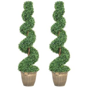 Imagine HOMCOM Set 2 plante artificiale buxus spiralate, 120 cm, cu ghiveci inclus, pentru decor interior și exterior, verde | Aosom Romania