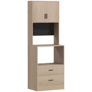Imagine HOMCOM Mobilier pentru cuptor cu microunde, bufet, 2 sertare, 2 uși, blat de lucru, poliță reglabilă, panou perforat, 4 cârlige, lemn natural | Aosom Romania