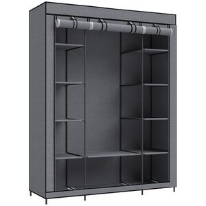 Imagine HOMCOM Dulap textil pentru economisirea spațiului, cu bară pentru umerașe și 11 rafturi, 135x45x175 cm, gri, pentru dormitor | Aosom Romania