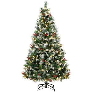 Imagine HOMCOM Brad de Crăciun Înzăpezit 210 cm, 400 de Lumini LED Bicolore, Telecomandă, 11 Modalități, 1253 de Ramuri, Conuri de Pin, Fructe Roșii | Aosom Romania
