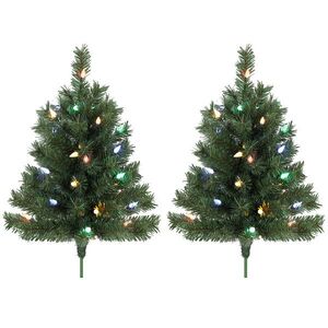Imagine HOMCOM Brad de Crăciun iluminat 60 cm, set de 2, artificial, cu 60 LED-uri colorate, 130 vârfuri de crenguțe, verde | Aosom Romania