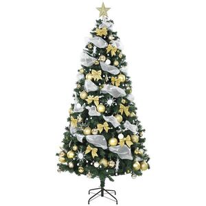 Imagine HOMCOM Brad de Crăciun 230 cm cu 250 LED 1136 Ramuri 8 Moduri Globuri Panglici și Funde Telecomandă și Bază Pliabilă Verde | Aosom Romania
