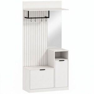 Imagine HOMCOM Cuier 6-în-1 Mobilier de intrare cu banc pentru încălțăminte, oglindă, sertar basculant, etajere reglabile, 4 cârlige, alb | Aosom Romania