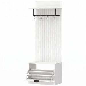 Imagine HOMCOM Cuier 5 în 1, Mobilier de Intrare, Banc pentru Pantofi, Sertar Rabatabil, Rafturi Reglabile, 4 Cârlige, Alb | Aosom Romania