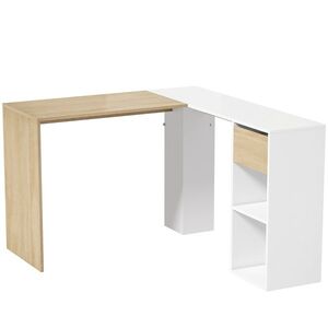 Imagine HOMCOM Birou Colțar în L de 120x110 cm cu Sertar și 2 Rafturi pentru Birou Acasă Studiu Alb și Natural | Aosom Romania
