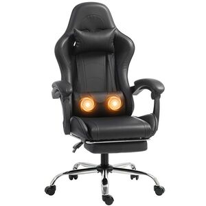Imagine HOMCOM Scaun Gaming Ergonomic cu Pernă Lombară Masantă, Fotoliu Gaming Înclinabil din Piele Sintetică, Negru | Aosom Romania