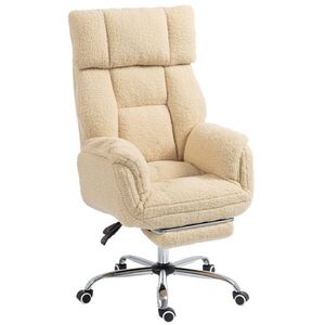 Imagine HOMCOM Scaun de birou ergonomic cu brațe rabatabile 5 niveluri, fotoliu de birou înclinat din țesătură teddy, Crem | Aosom Romania