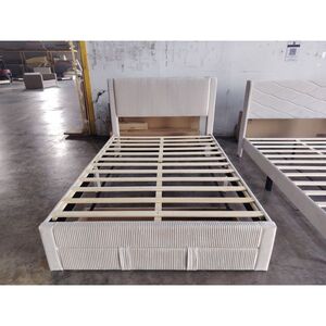 Imagine HOMCOM Pat Tapițat 140x200 cm cu Tăblie Căptușită și Sertar Depozitare Lamele de Lemn Asamblare Ușoară Bej | Aosom Romania