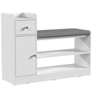 Imagine HOMCOM Bancă pentru încălțăminte cu pernuță, sertar și rafturi deschise bancă de hol 90x29, 8x67, 8cm Alb | Aosom Romania