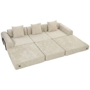 Imagine HOMCOM Canapea extensibilă pliabilă 245 cm, canapea comprimată 3 locuri modulară din chenille cu șezut lat, 3 perne, bej | Aosom Romania