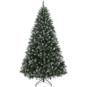 Imagine HOMCOM Pom de Crăciun Artificial 210 cm cu 1140 Vârfuri Efect Zăpadă 75 Conuri și Bază Metalică Pliabilă Verde și Alb | Aosom Romania