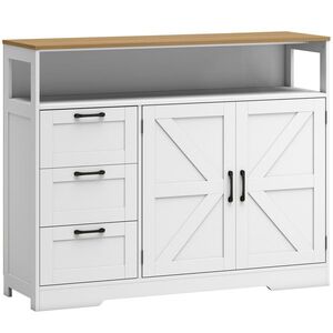 Imagine HOMCOM Bufet bucătărie, mobilier de depozitare cu 3 sertare, 2 uși în stil hambar, blat și compartiment deschis, alb | Aosom Romania