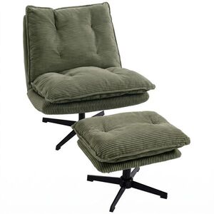 Imagine HOMCOM Fotoliu lounge cu otoman, rotativ 360°, tapițerie cord, suport pentru picioare reglabil pe înălțime, verde | Aosom Romania