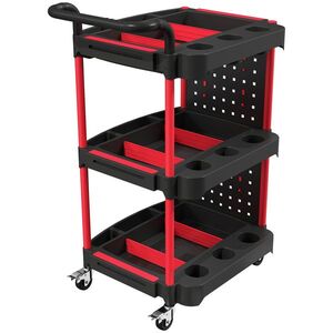 Imagine HOMCOM Cărucior pentru scule cu 3 niveluri, panou perforat și cârlige, cărucior de atelier mobil cu frâne, Negru/Roșu | Aosom Romania