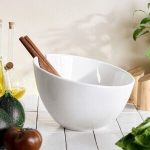 Imagine Bol pentru salata si 2 ustensile Mooka, Homla, 24 cm, portelan, alb