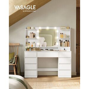 Imagine Masa de toaleta cu oglinda LED, priza si port USB, Kailyn, Vasagle, 107x40x144 cm, PAL/MDF, alb cloud