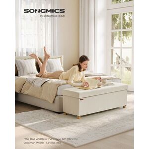 Imagine Bancheta cu spatiu pentru depozitare, Ottoman Bench, Songmics, max 300 kg, 110x38x40 cm, MDF/textil cu aspect de in, crem