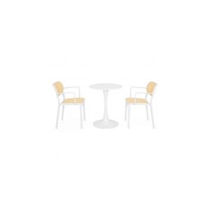 Imagine Set terasa PLEZURO ALIVIO, masa 60 cm cu 2 scaune suprapozabile, alb cu natur, otel si polipropilena