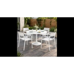 Imagine Set dining terasa PLEZURO CRUSOE, masa rotunda 120 cm, cu 4 scaune cu brate, alb, otel si polipropilena