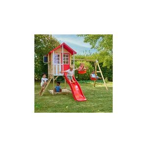 Imagine Casuta de gradina TP TOYS, Poppy Cottage, cu platforma cu loc pentru nisip, tobogan si leagan dublu, lemn, rosu/maro/alb