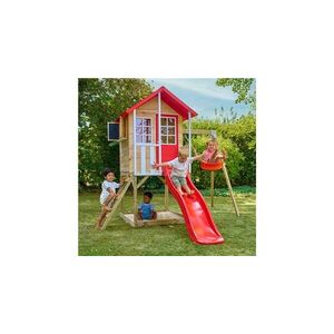 Imagine Casuta de gradina TP TOYS, Poppy Cottage, cu platforma cu loc pentru nisip, tobogan si leagan simplu, lemn, rosu/maro/alb