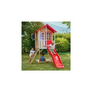 Imagine Casuta de gradina TP TOYS, Poppy Cottage, cu platforma cu loc de nisip si tobogan, lemn, rosu/maro/alb