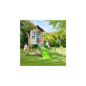 Imagine Casuta de gradina TP TOYS, Bluebell Cottage, cu platforma cu loc pentru nisip, tobogan si leagan dublu, lemn, negru/maro/alb