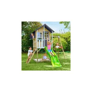Imagine Casuta de gradina TP TOYS, Bluebell Cottage, cu platforma cu loc pentru nisip, tobogan si leagan simplu, lemn, negru/maro/alb