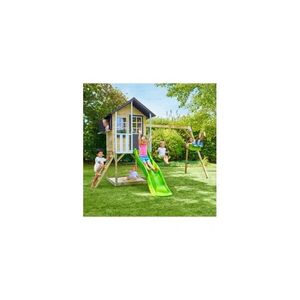 Imagine TP TOYS Garden Cottage, Bluebell Cottage, with platform with sandpit, slide and double swing, wood, black/brown/white