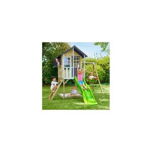 Imagine TP TOYS Garden Cottage, Bluebell Cottage, with sandpit platform, slide and simple swing, wood, black/brown/white