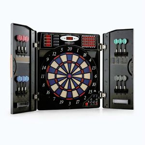 Imagine OneConcept Masterdarter, aspect lemn, țintă de darts, automat de darts, cu vârf moale și uși.