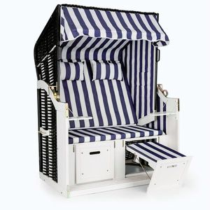 Imagine Blumfeldt Hiddensee scaun plaja XL 2 locuri 118 cm , pin si răchită albastru / cu carouri albe