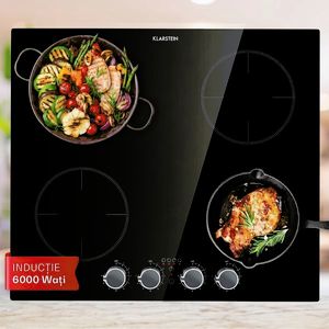 Imagine Klarstein Kochheld, plită cu inducție cu 4 zone, 6000 W, butoane rotative, sticla, negru