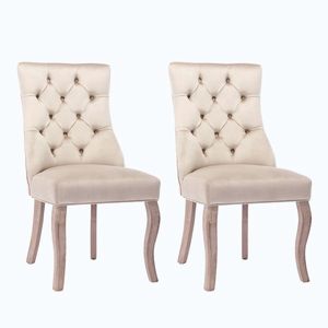 Imagine Set de 2 scaune tapițate pentru sufragerie din catifea cu spătar înalt matlasat cu nasturi, 51x47x97 cm, Bej